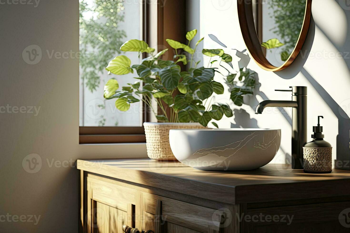 ett trä- fåfänga disken med vitkeramik tvättställ och modern stil kran i en badrum med morgon- solljus och skugga. tom Plats för Produkter visa attrapp foto