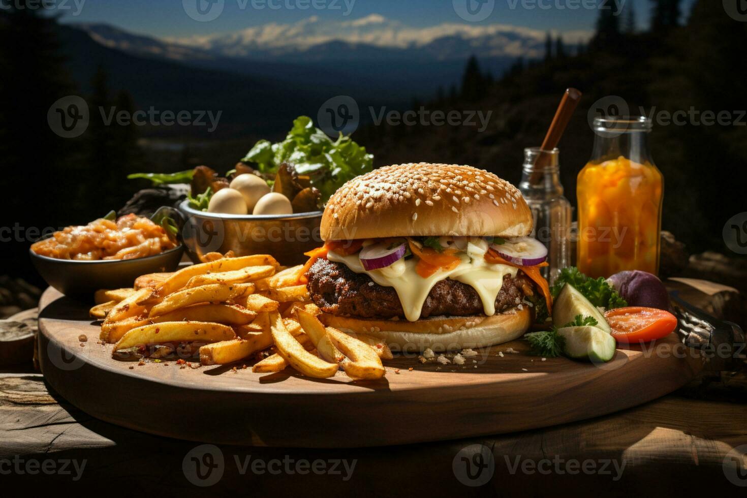 picknick glädje, fläsk burger med smälta ost och pommes frites, i naturer omfamning ai genererad foto