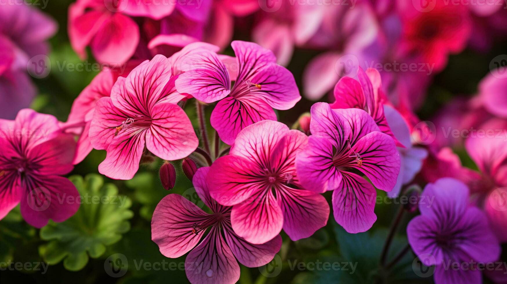 närbild av geranium pelargonia blommor, visa upp deras vibrerande färger och invecklad kronblad mönster. ai generativ foto