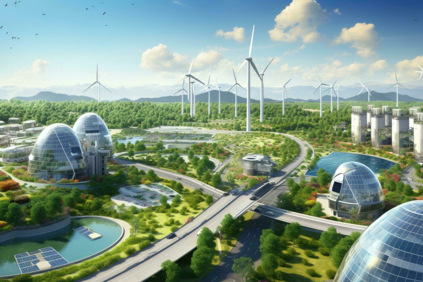 eco stad med vind turbiner och sol- paneler. 3d tolkning, antenn se av en hållbar stad med sol- paneler, vind turbiner, och grön tak, ai genererad foto
