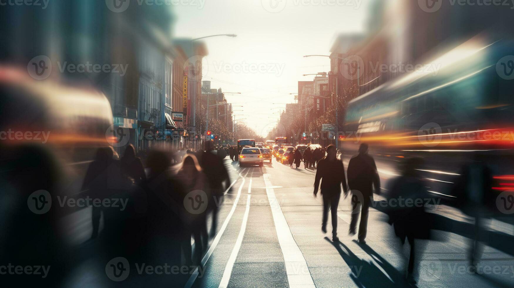 en upptagen stad gata, rörelse, människor, rusa timme tid i stad liv på bokeh bakgrund. generativ ai foto