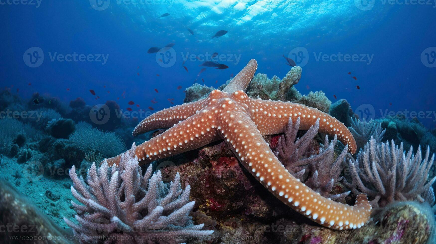 en sjöstjärna på en korall rev i de hav med en blå bakgrund och en korall rev i de förgrund. generativ ai foto