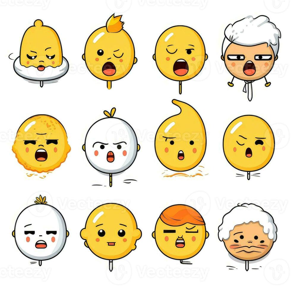 uppsättning av tecknad serie ansikten uttryck, ansikte emojis, klistermärken, uttryckssymboler, tecknad serie rolig maskot tecken ansikte uppsättning, generativ ai illustration foto