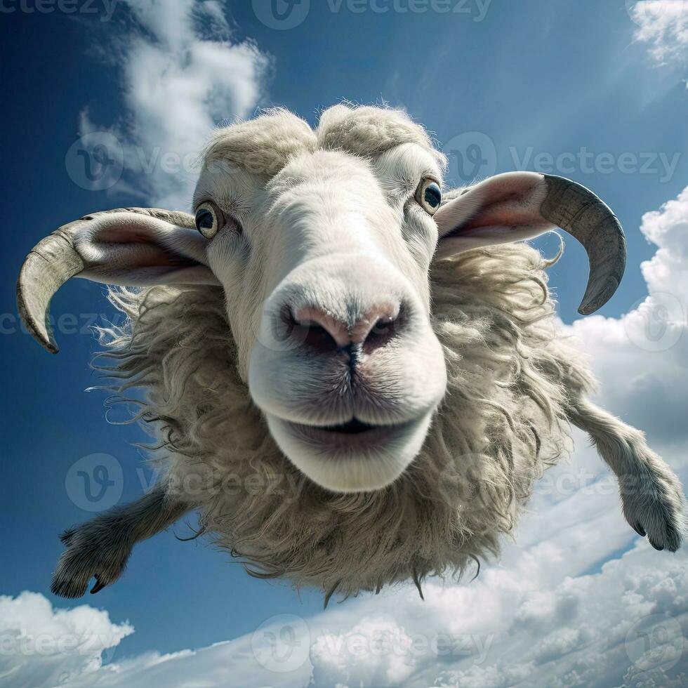 en får, flygande får på blå himmel bakgrund. generativ ai foto