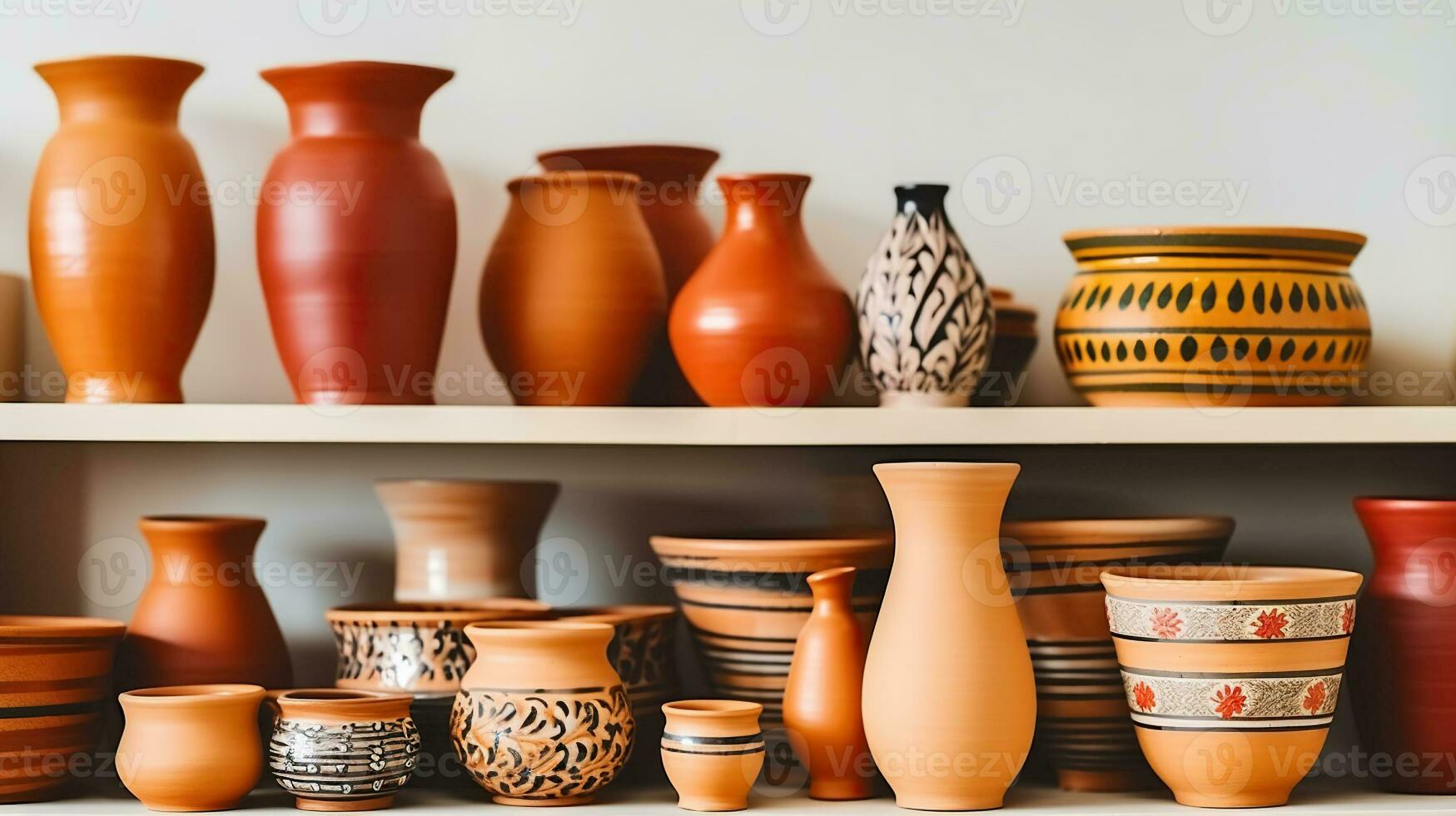 olika lera vaser och keramisk plattor placerad på hylla mot vit bakgrund nära kopp, generativ ai foto