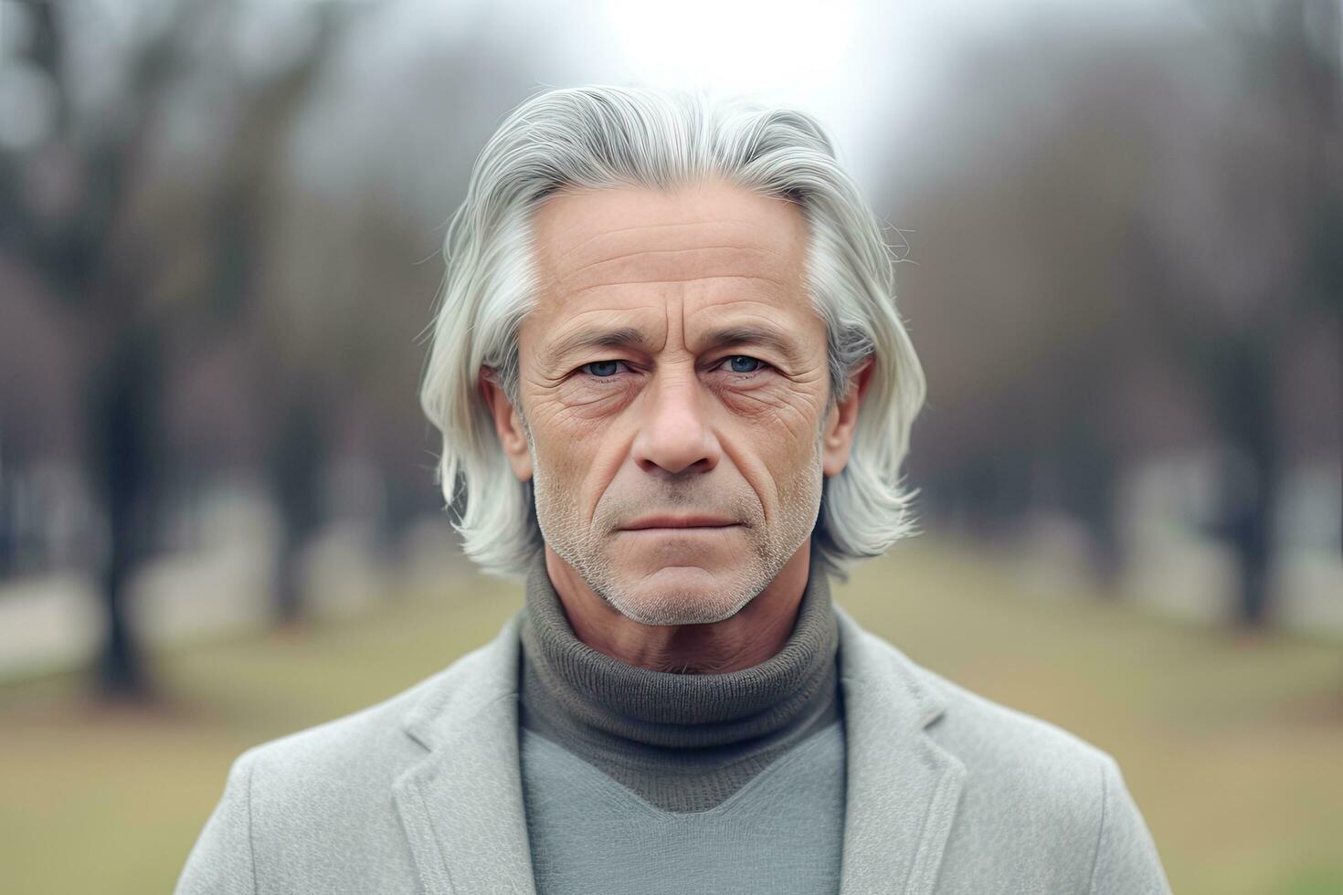 europeisk man i 70-talet, medium grå hår, parkera bakgrund , generativ ai foto