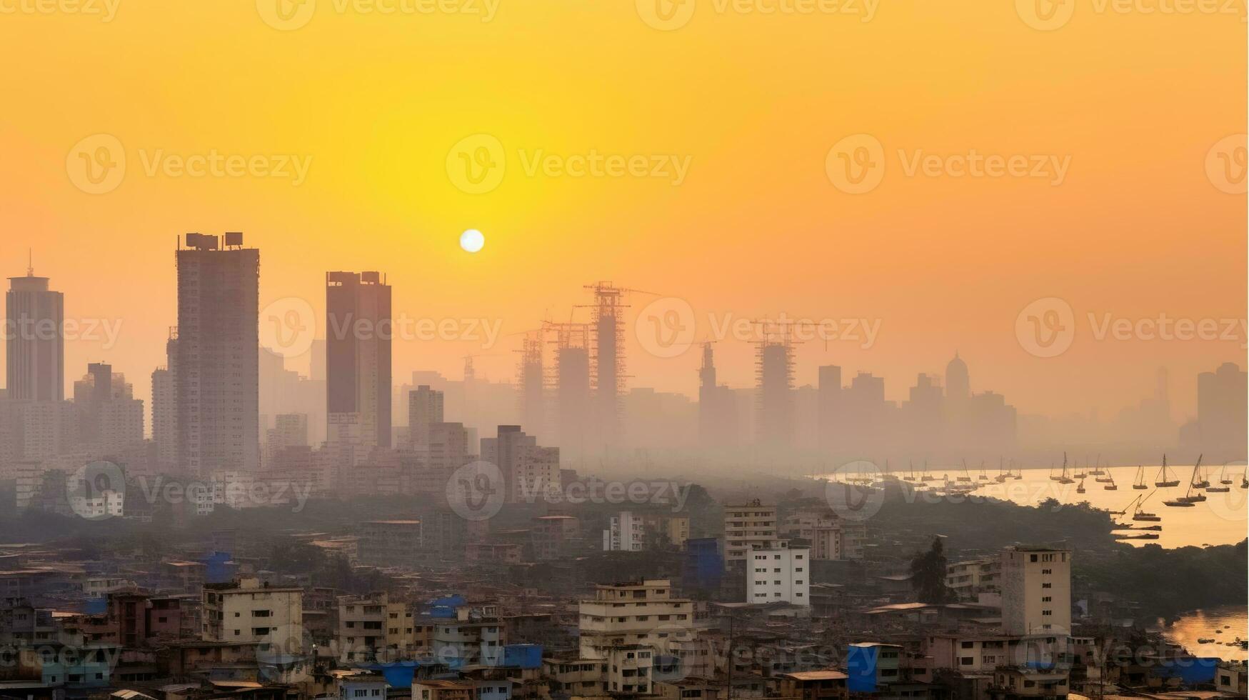 modern höghus rik byggnader och fattig slummen på solnedgång med luft förorening. generativ ai foto