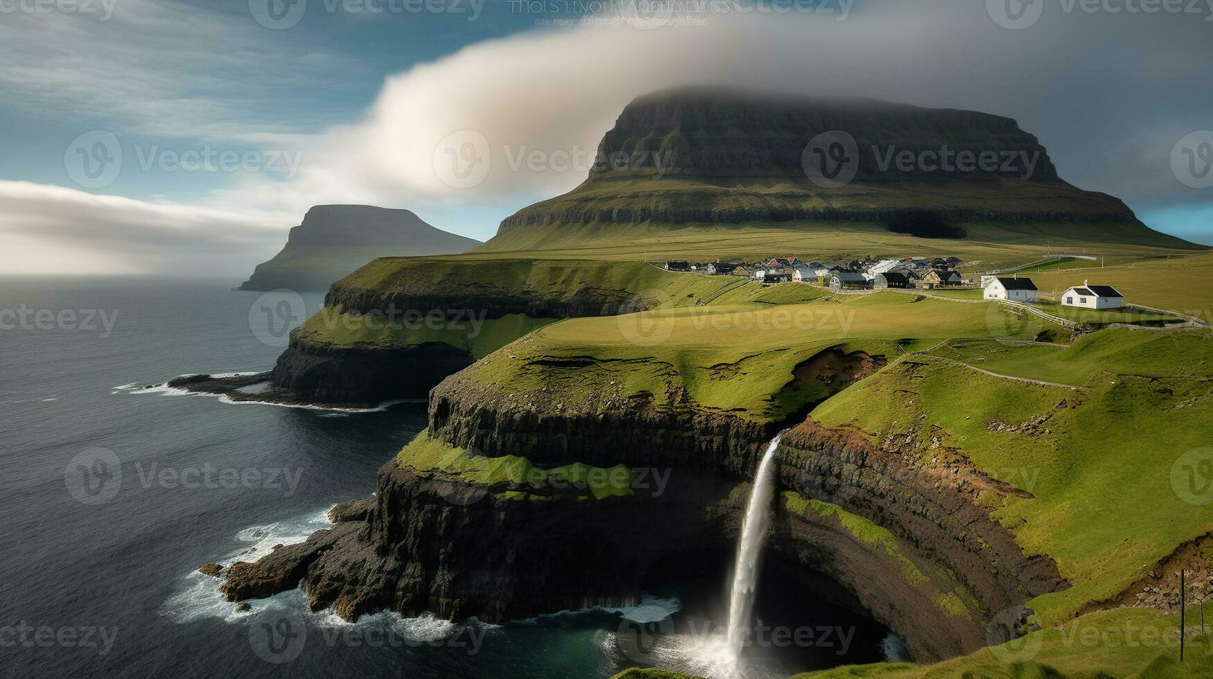 skön vattenfall i gasadalur by, vagar, faroe öar. generativ ai foto