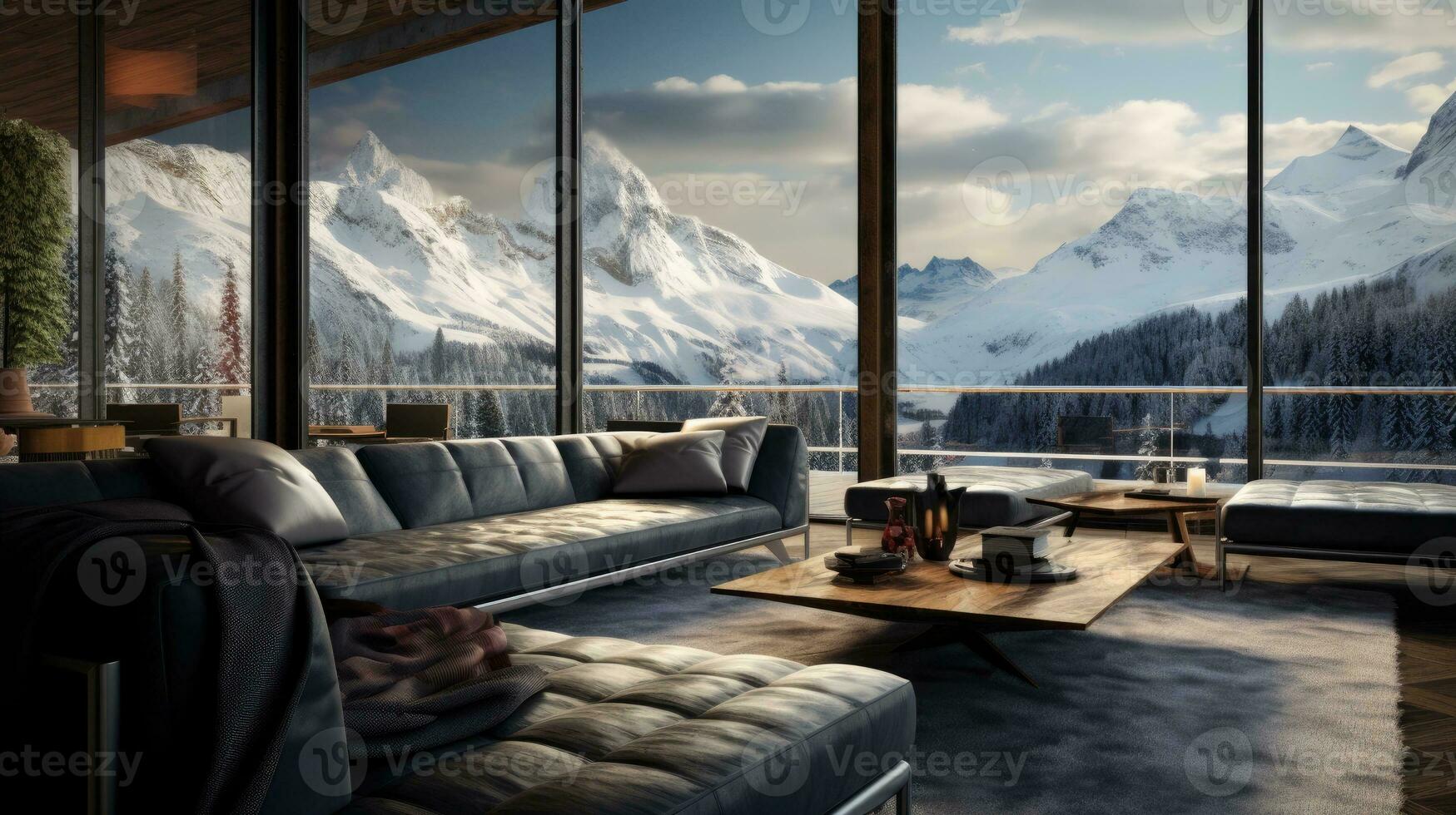 Semester levande rum med en fönster utsikt snöig bergen foto