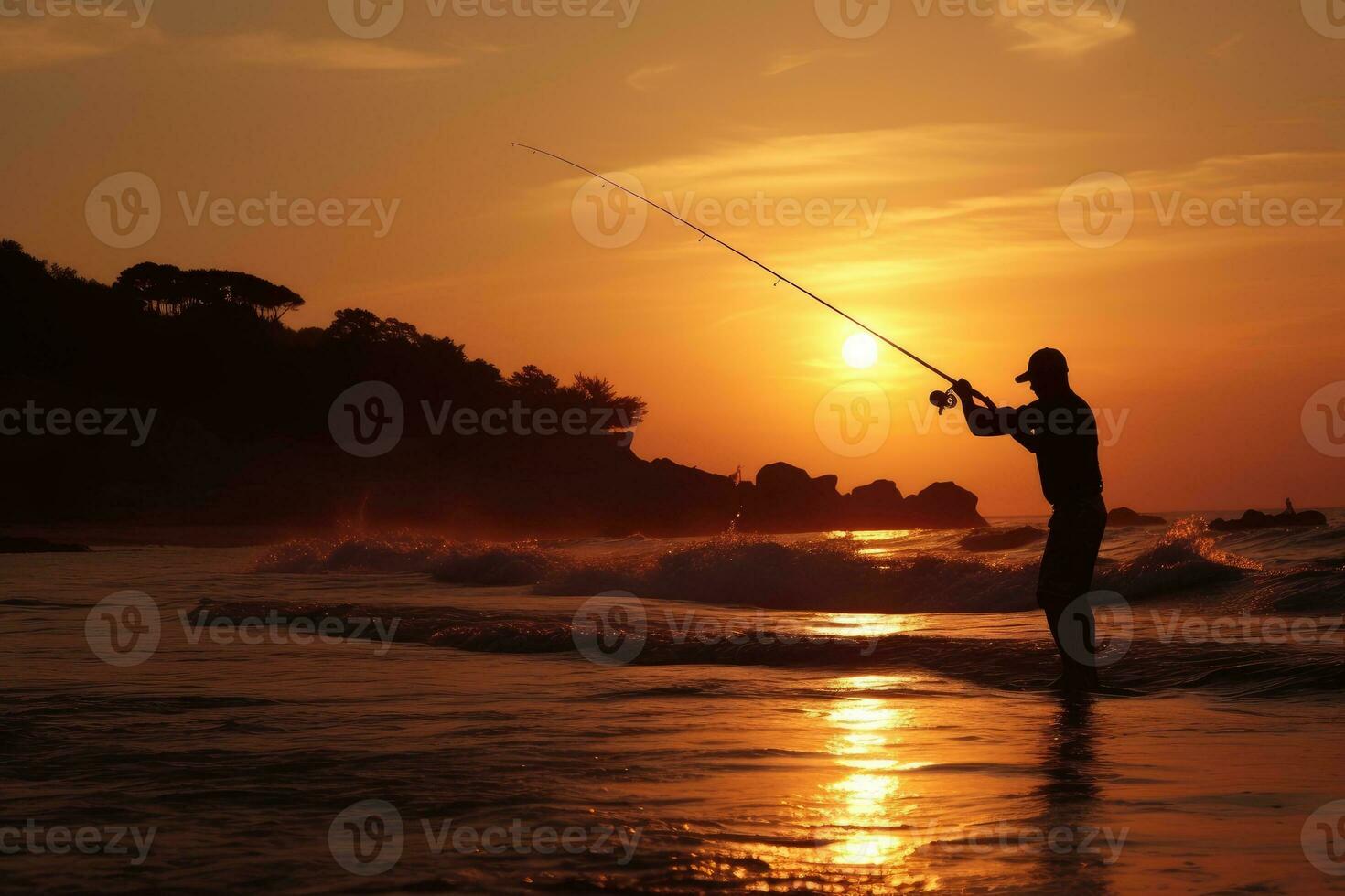 silhuett av man fiske på solnedgång foto