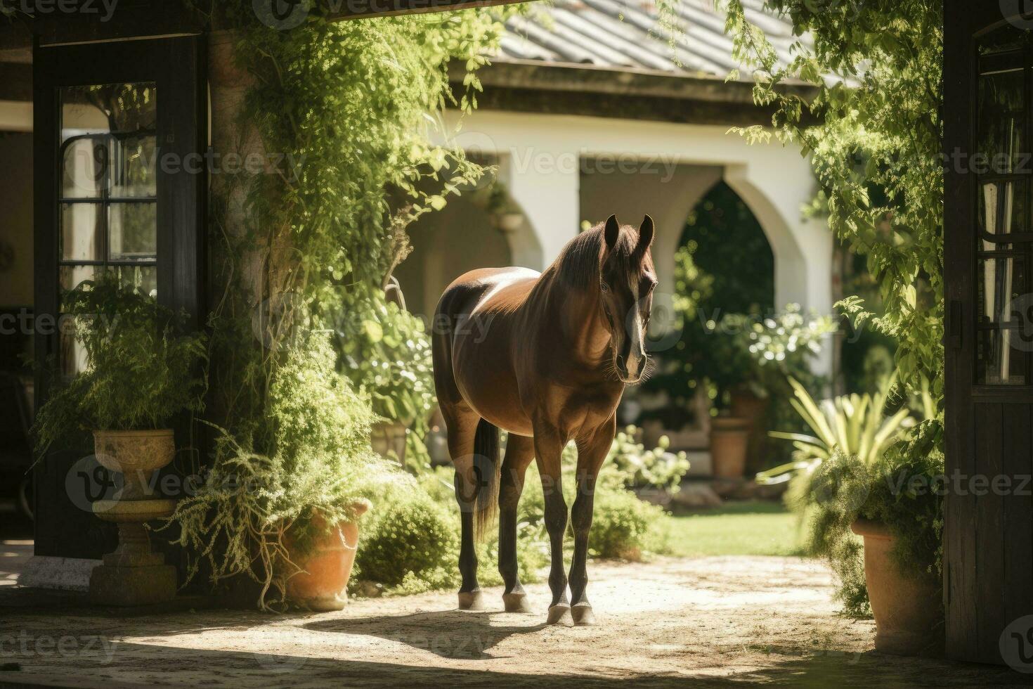 häst ranch med grön landskap foto