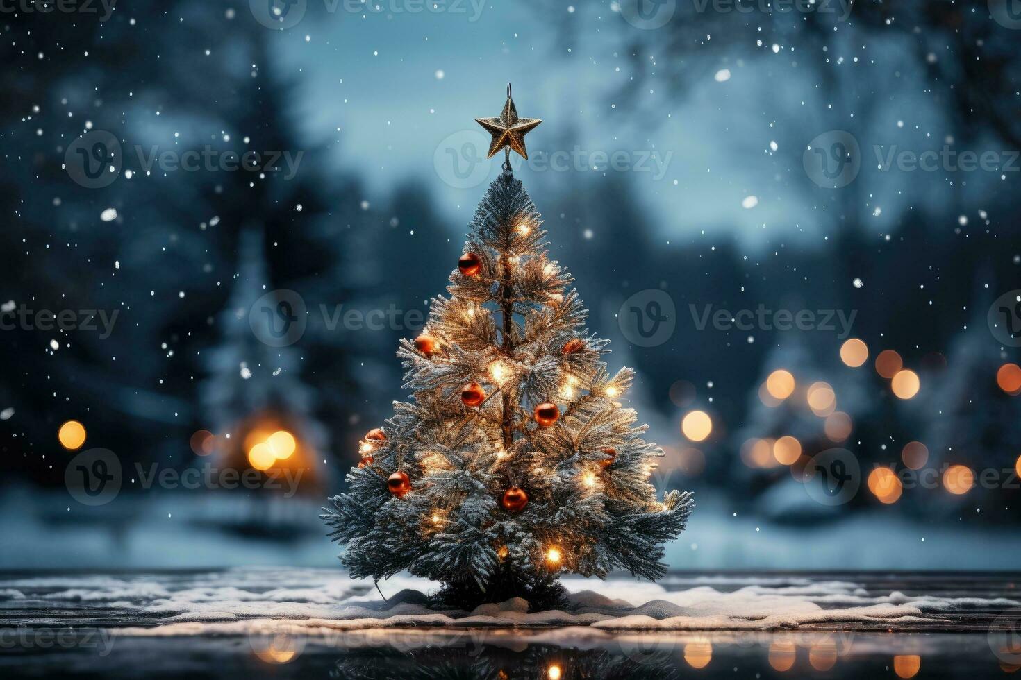jul träd i snö täckt trän på natt foto