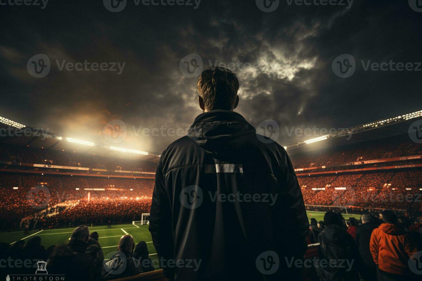fotbollsspelare med boll på stadion fält, omfamnade förbi folkmassan, natt spel vibrafon ai genererad foto