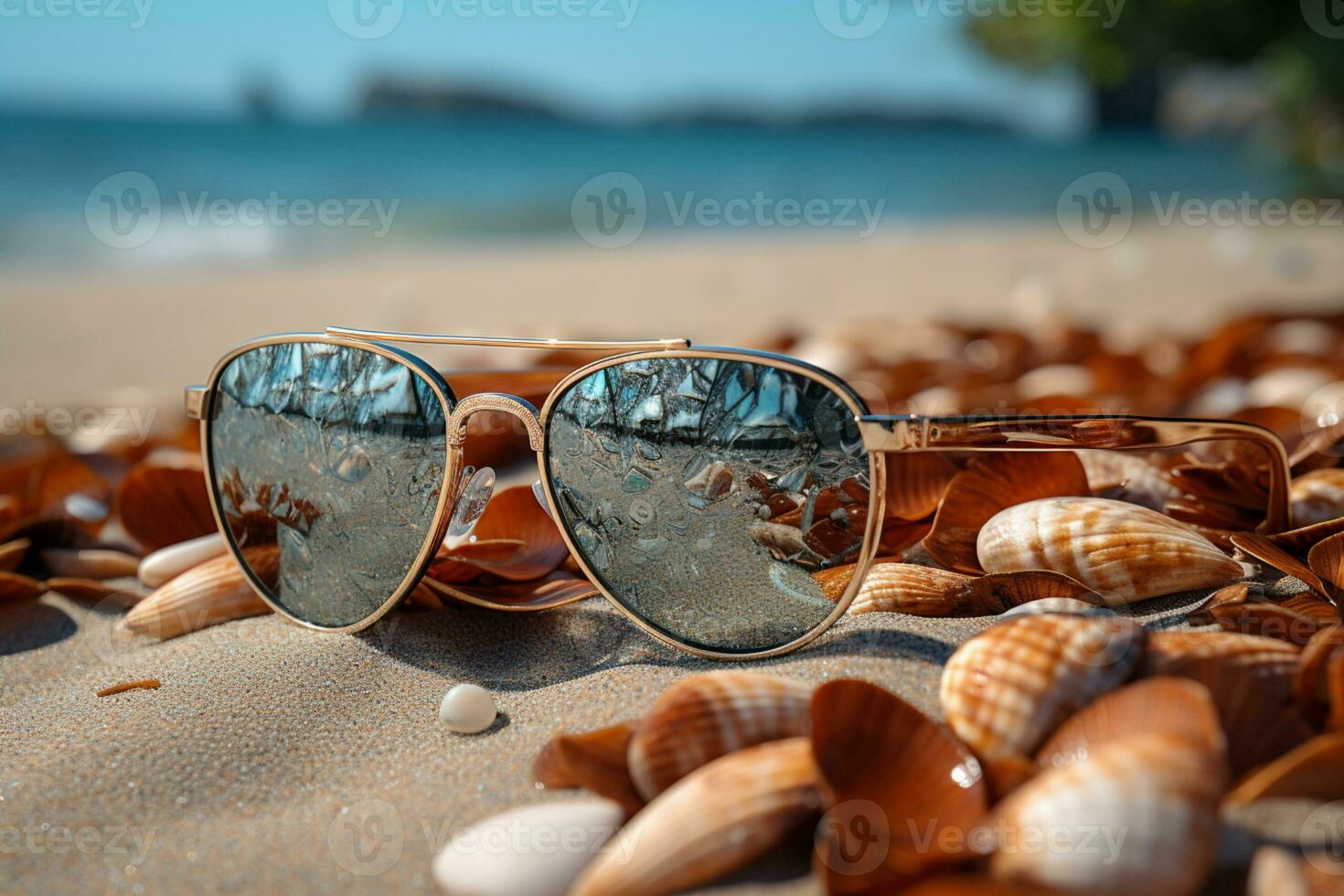 sommar väsentliga solglasögon och snäckskal vilar på sand ai genererad foto