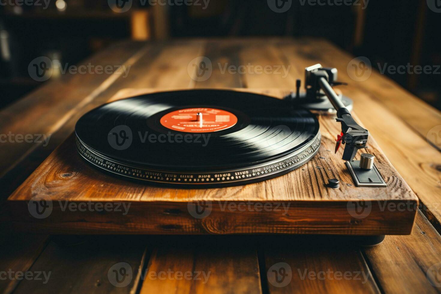 årgång möter modern vinyl uppgifter, spelare på trä- bakgrund, perfekt för text ai genererad foto