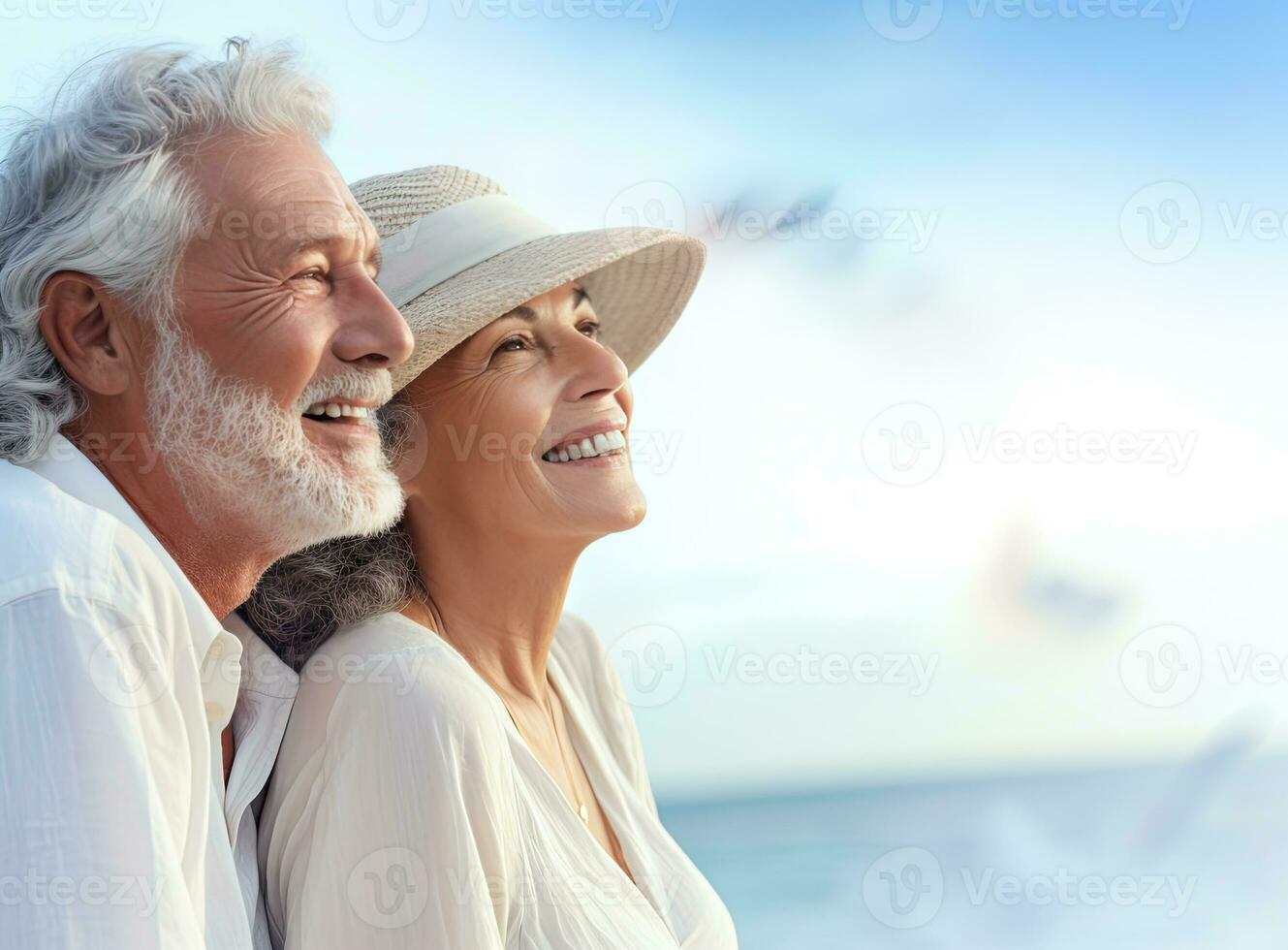 senior par på sommar semester på de strand. ai genererad foto