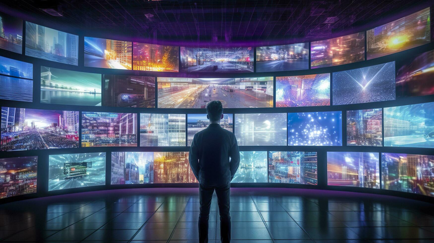 en person tittar på en video vägg med multimedia bilder på annorlunda tv skärmar. generativ ai foto