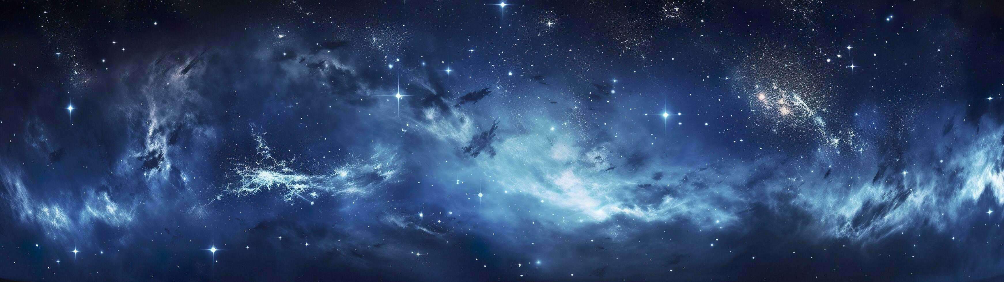 panorama mörk blå natt himmel, mjölkig sätt och stjärnor på mörk bakgrund, universum fylld med stjärnor, nebulosa och galax, ai generativ foto