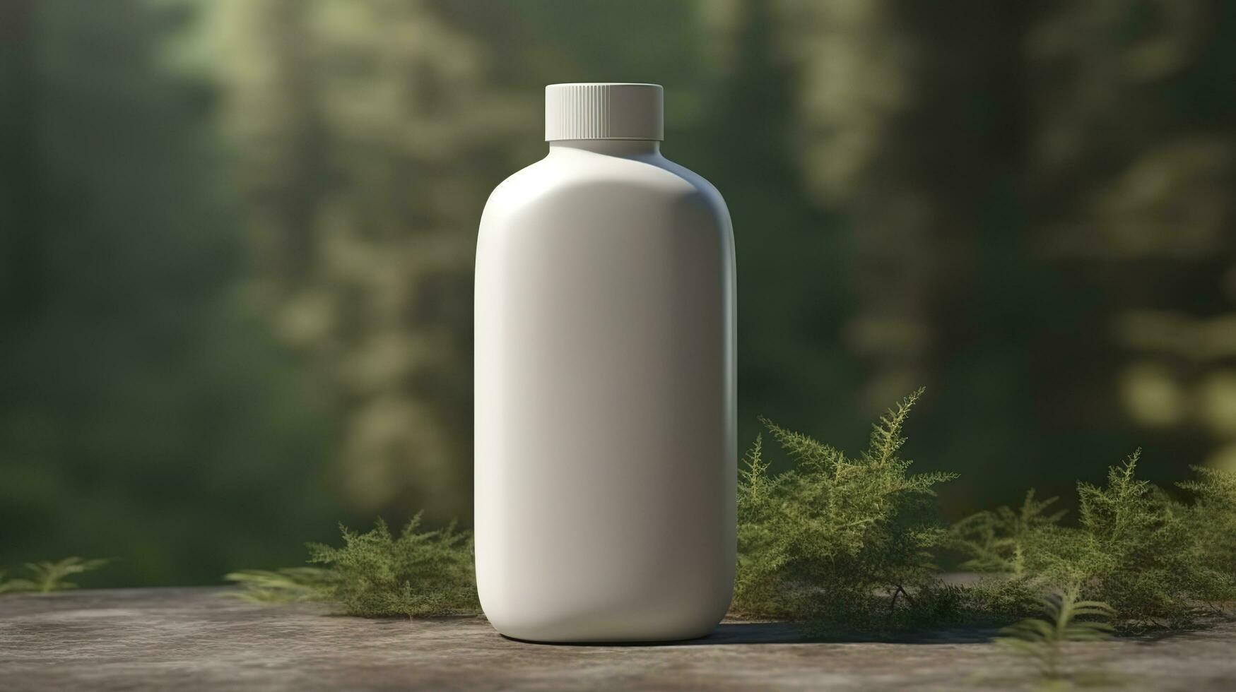 naturlig kosmetisk produkt presentation bakom kulisserna. utomhus skog placering. vit tom burk schampo flaska. 3d. ai generativ foto