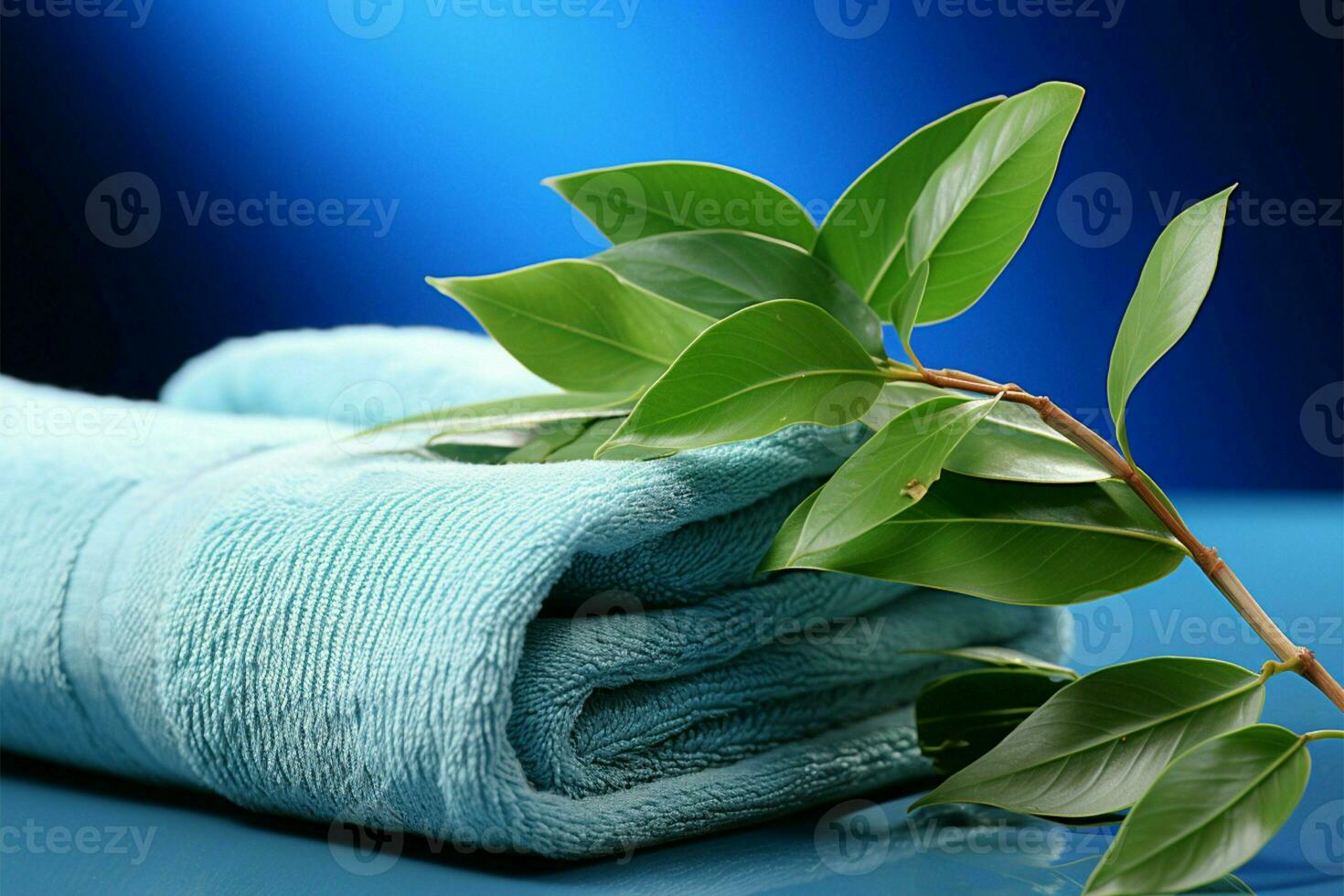 uppfriskande grön blad och handduk på lugnande blå ai genererad foto