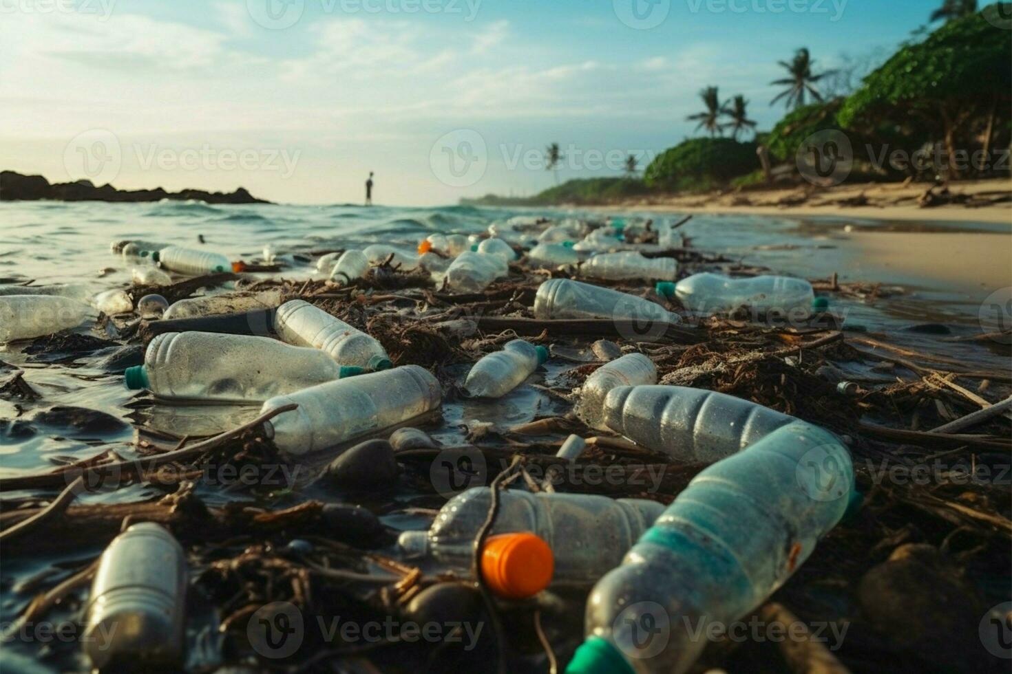 strand översållad med kasseras plast flaskor understryker de problem av förorening ai genererad foto