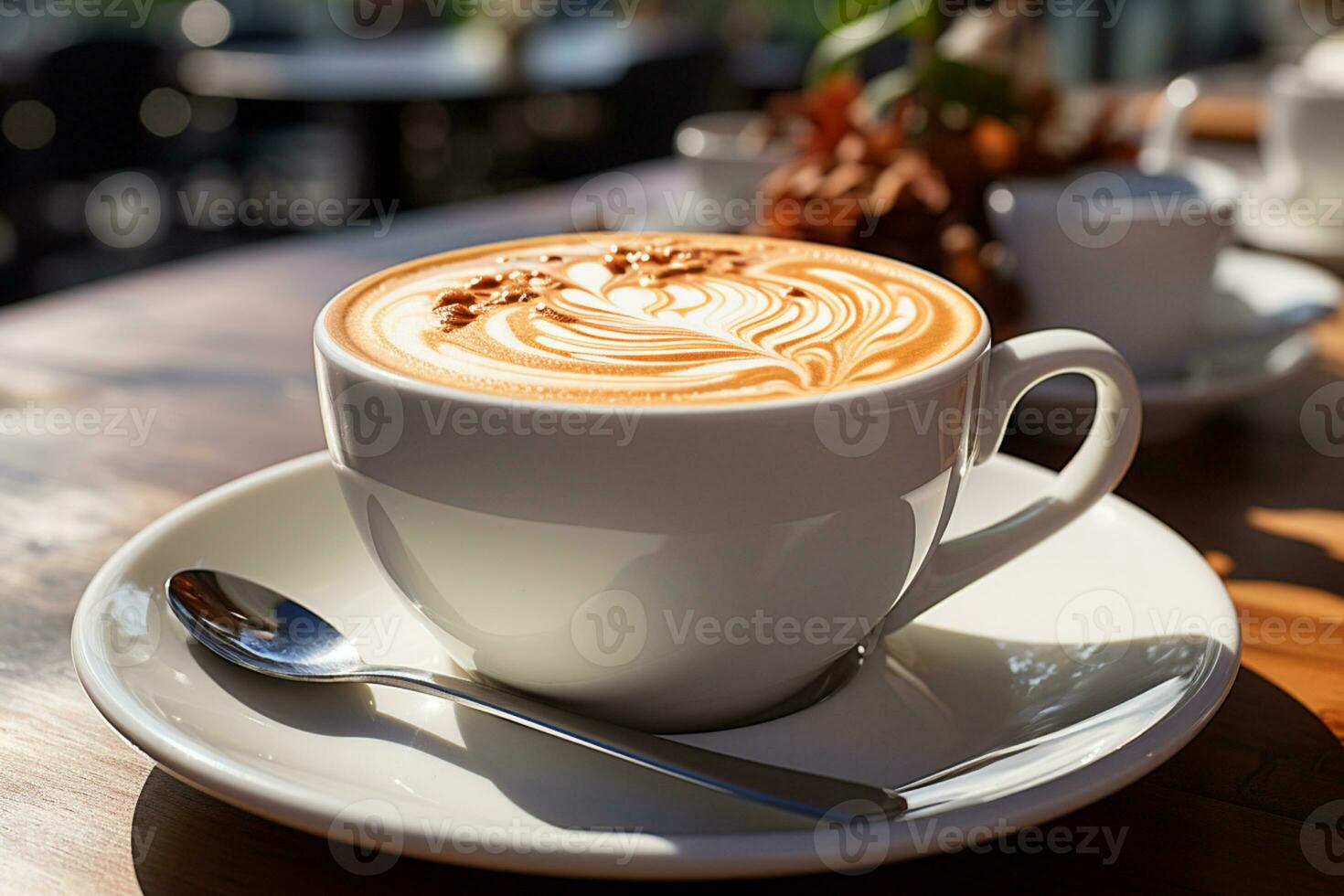 varm kaffe i vit kopp, vilar på en fat ai genererad foto