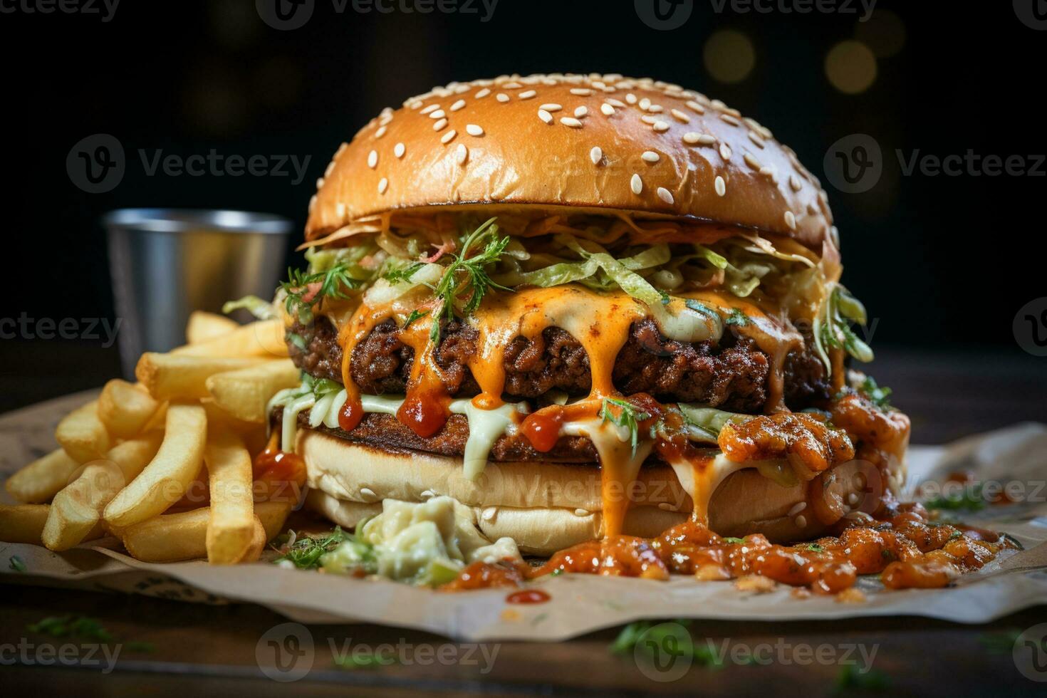 mat lastbil flathet, fläsk burger toppade med ost, parade med frites ai genererad foto