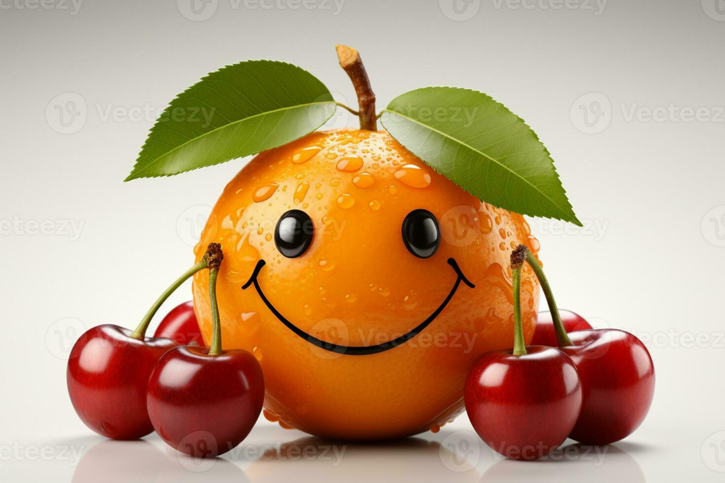 hälsosam frukt skapande körsbär och orange smiley ansikte, isolerat på vit ai genererad foto
