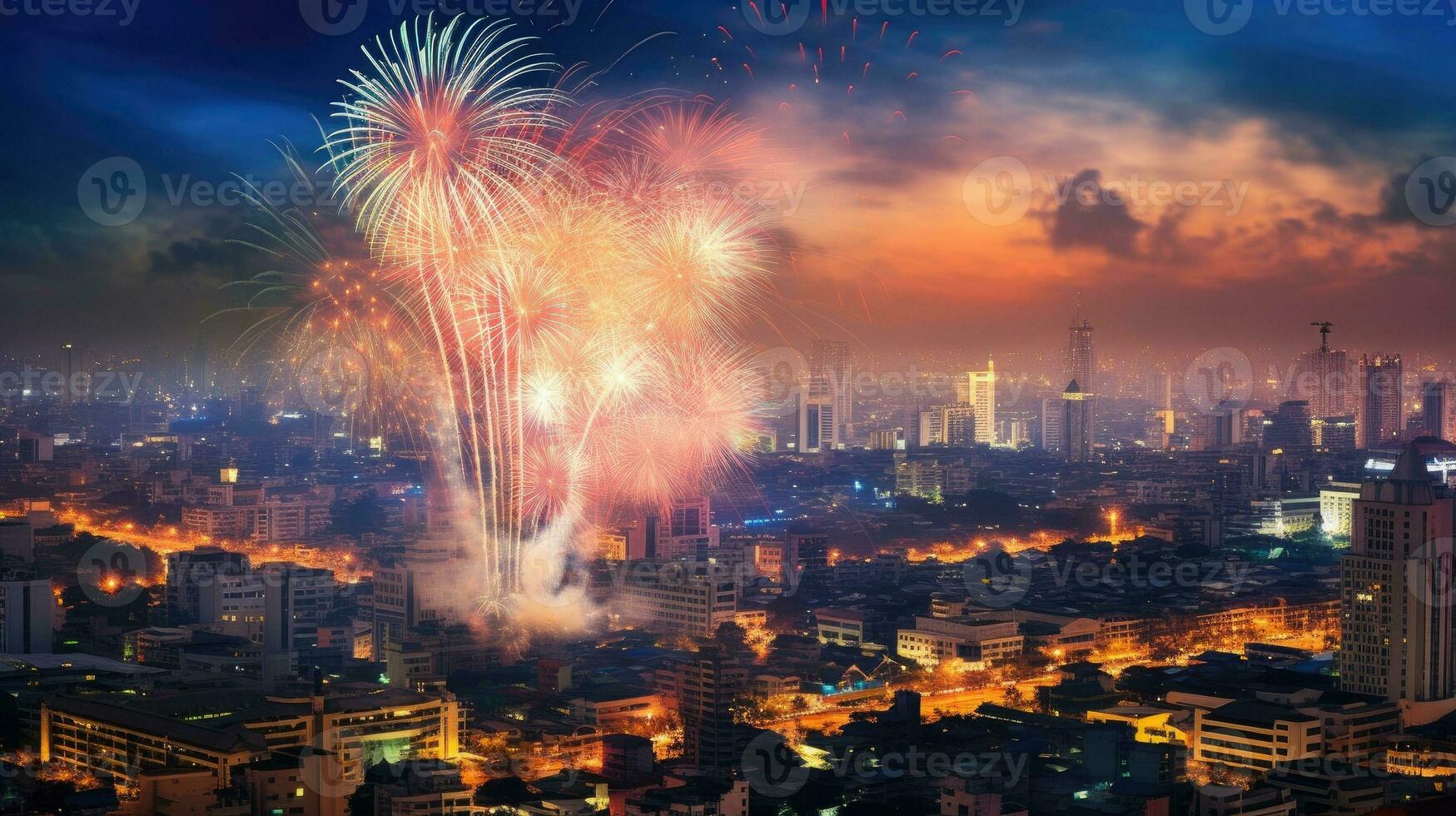 Lycklig ny år i de huvudstad där är fyrverkeri i de himmel på natt. generera ai foto