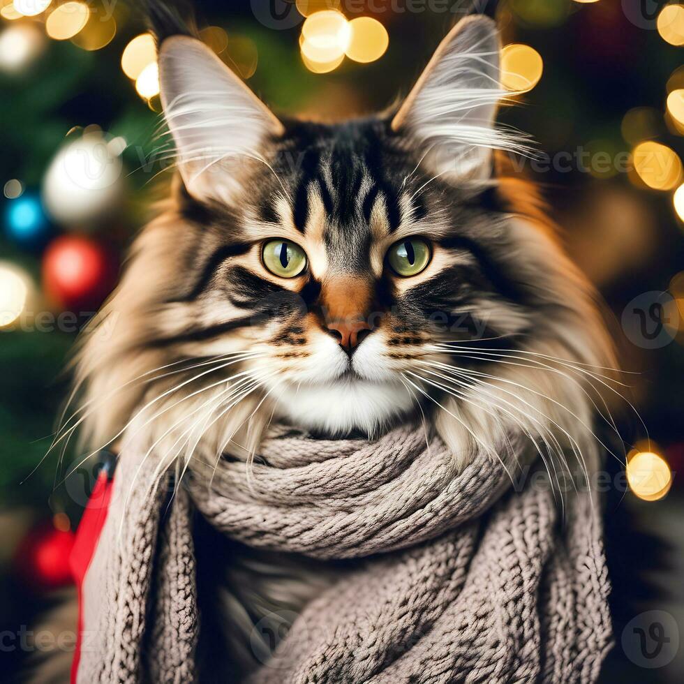 maine Coon katt i en scarf nära de jul ljus foto