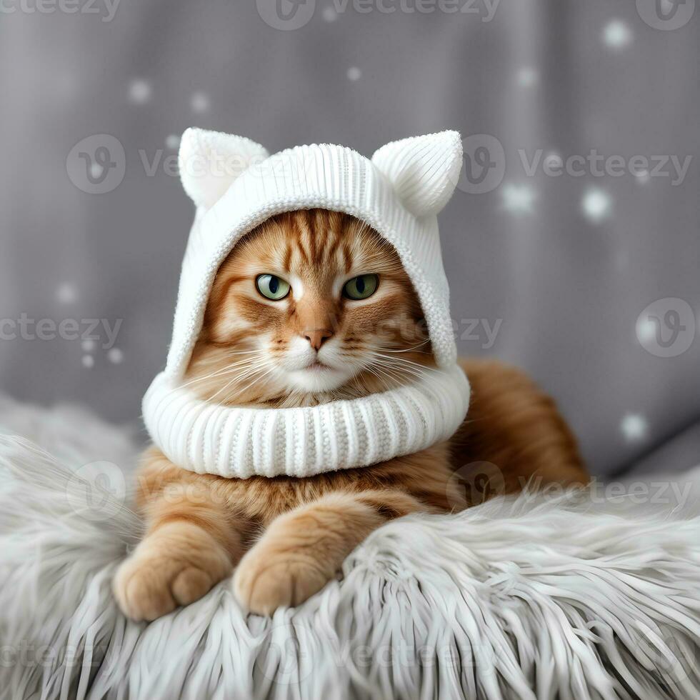 skön röd katt i en vit hatt med öronflikar foto