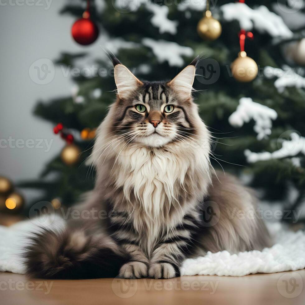 stor skön maine Coon katt är Sammanträde nära till en jul träd foto