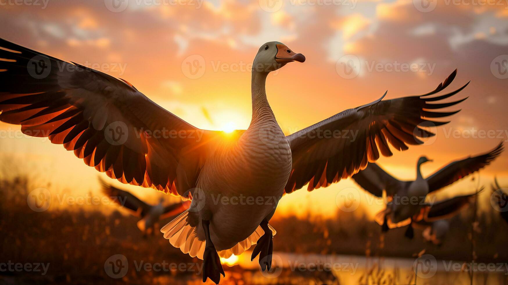 en flock av majestätisk gäss svävar tvärs över en gyllene solnedgång går ombord på deras säsong- resa av vilda djur och växter migration foto