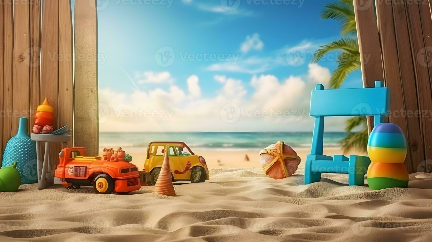 bil på de strand med sand och leksaker foto
