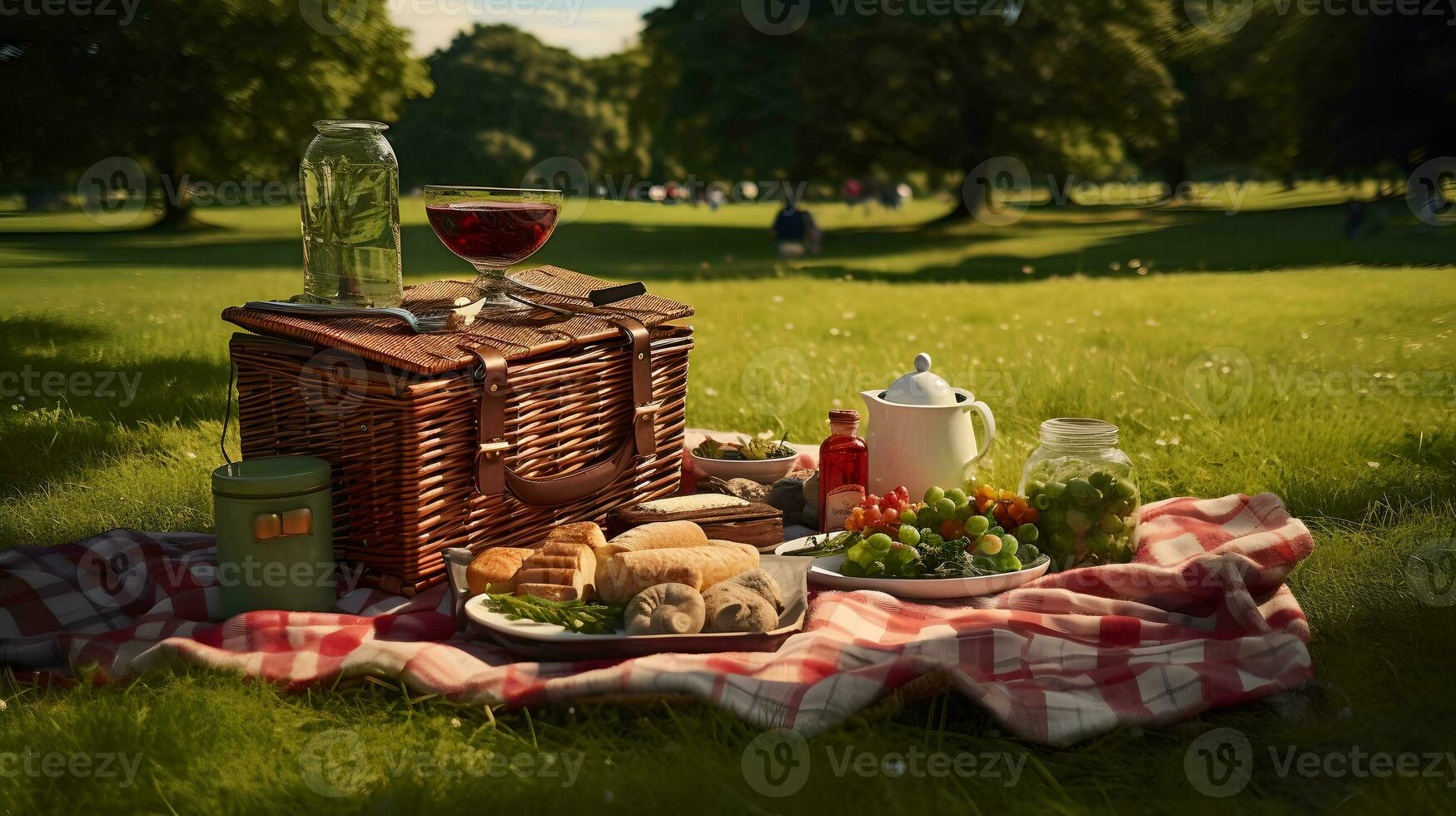 picknick i de parkera på en solig dag. picknick korg med mat och vin foto