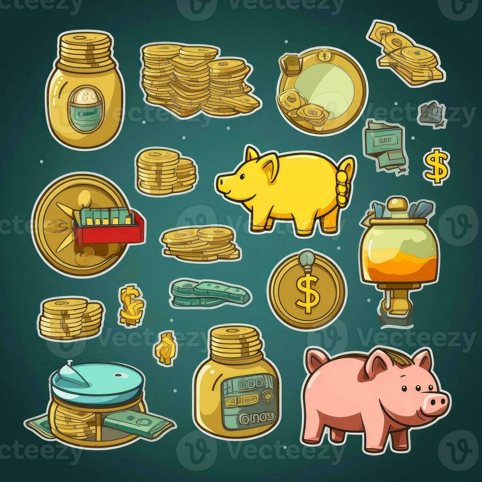 pengar eller finansiell ikon uppsättning. dollar mynt, pengar stack, plånbok, sedel finansiera symboler, generativ ai illustration foto