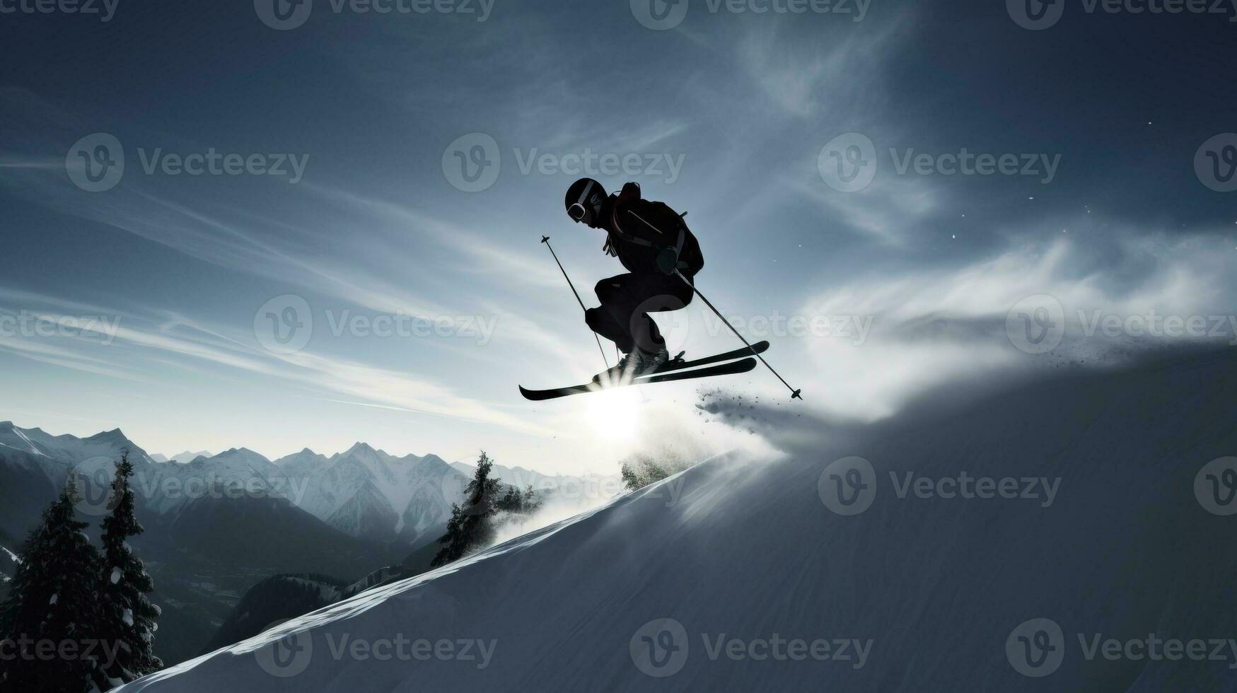 skidåkare i hoppa, bakgrund av snötäckt berg sänker sig i strålar av de Sol. ai genererad. foto