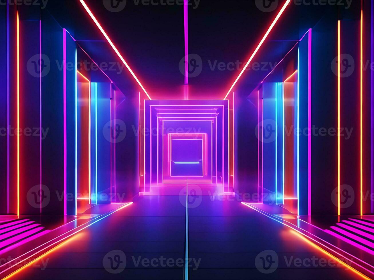 3d framställa, abstrakt neon ljus bakgrund med golv reflexion, ai generera foto