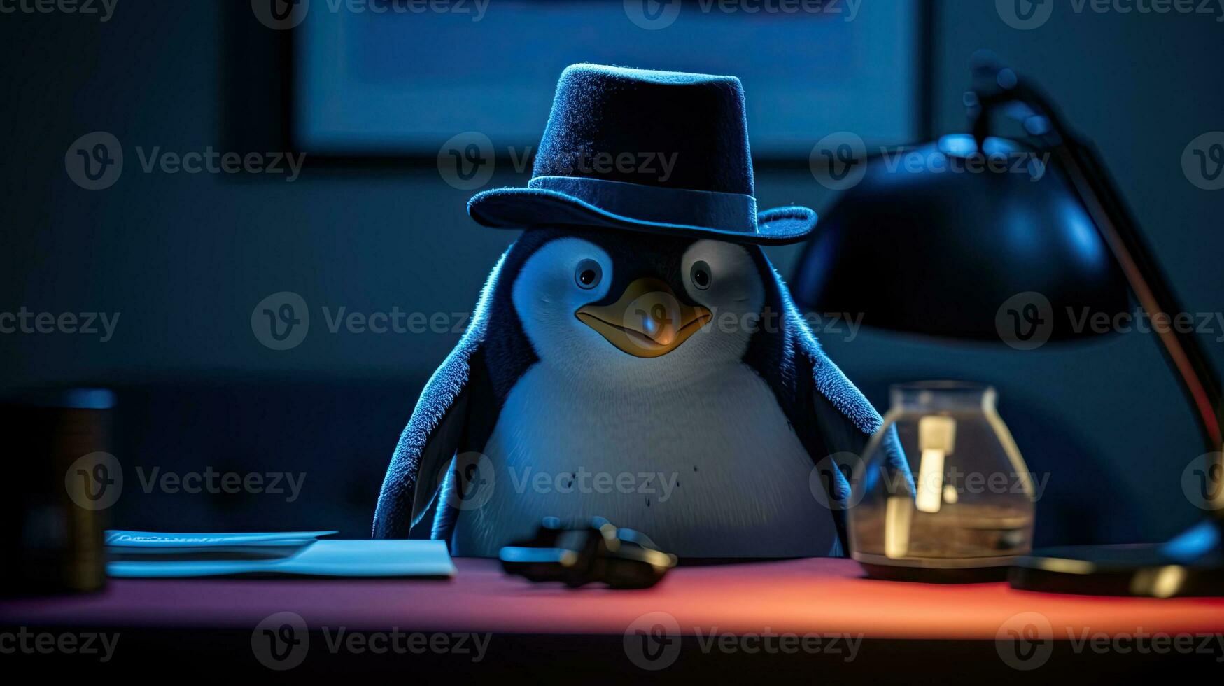 en Sherlock pingvin de detektiv. generativ ai foto