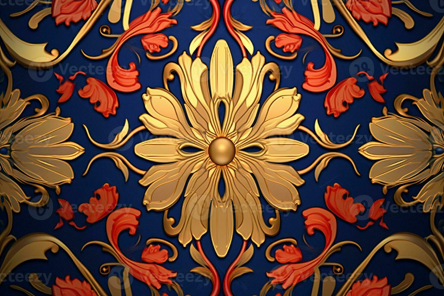 en guld och röd blommig mönster på en blå bakgrund generativ ai foto