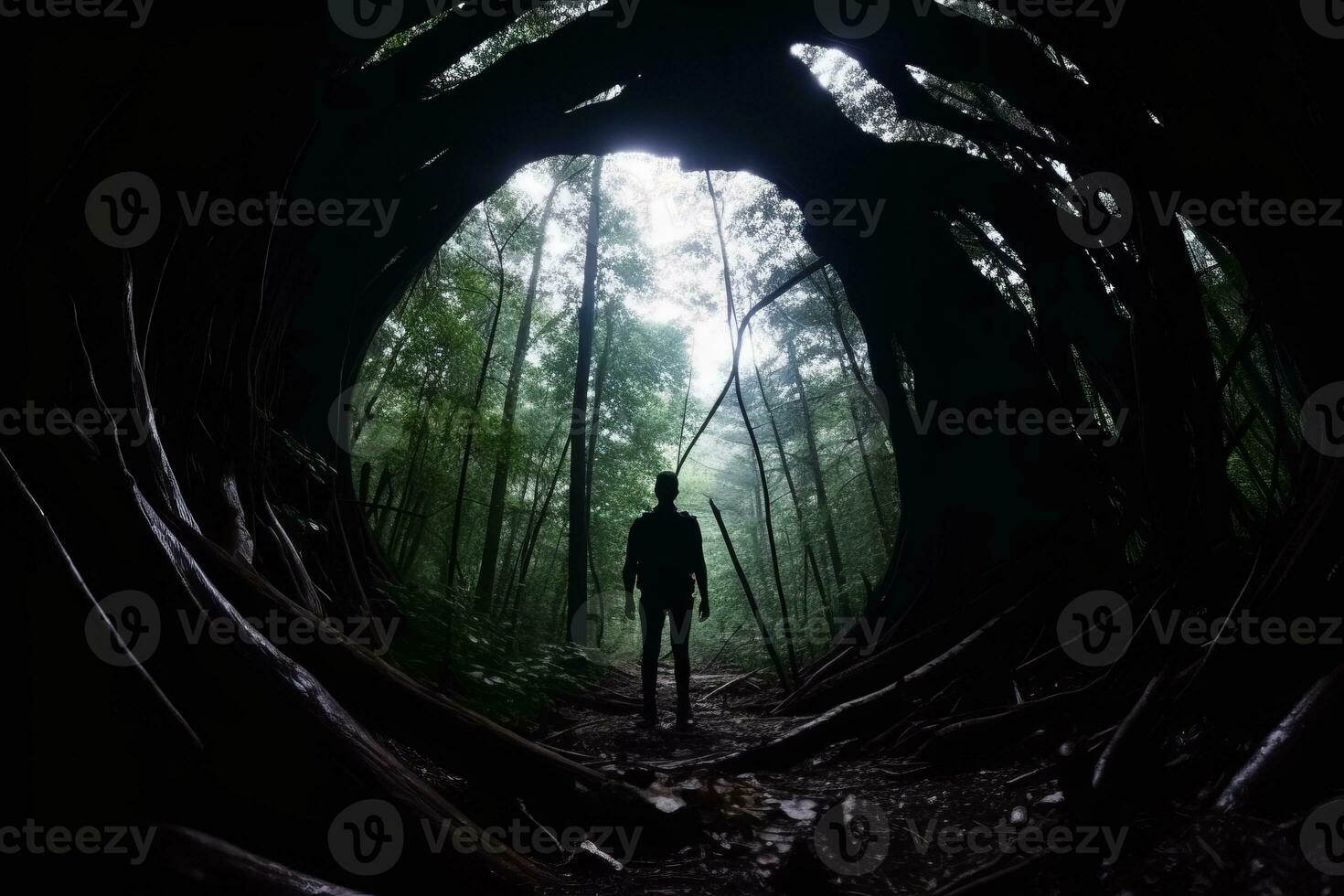 en man stående i de mitten av en mörk tunnel i de trän generativ ai foto