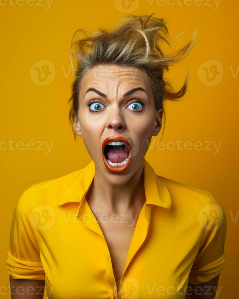 ett bild av en kvinna med henne mun bred öppen på en gul bakgrund generativ ai foto