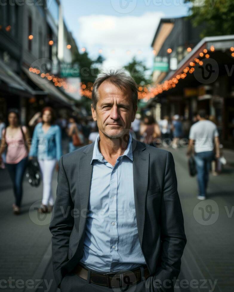 en man i en kostym stående på en upptagen stad gata generativ ai foto