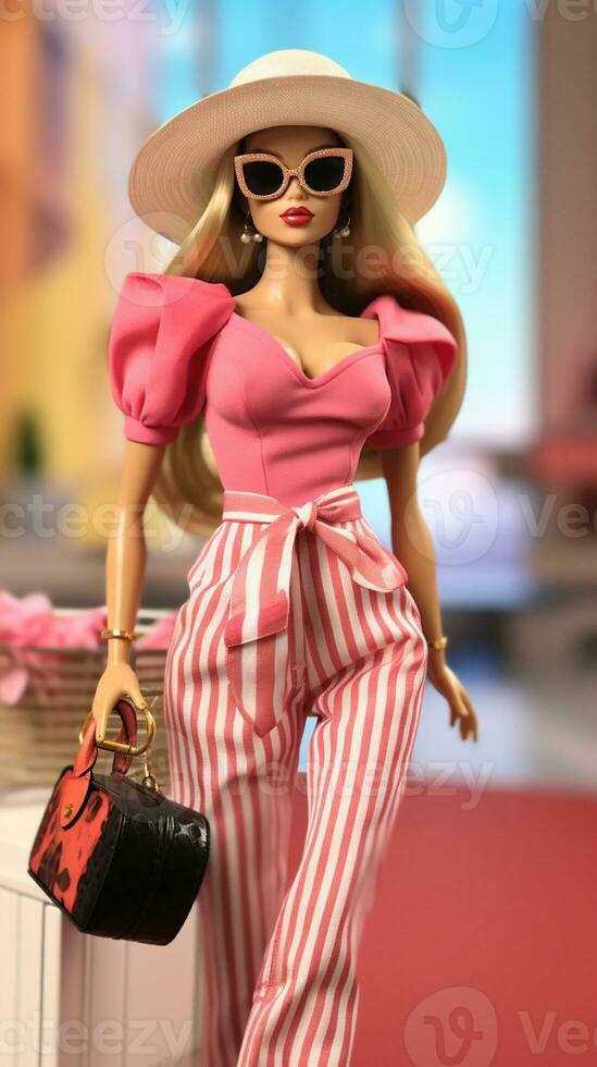 barbie docka med en hatt och solglasögon innehav en handväska. generativ  ai. 28463312 Arkivfoto på Vecteezy