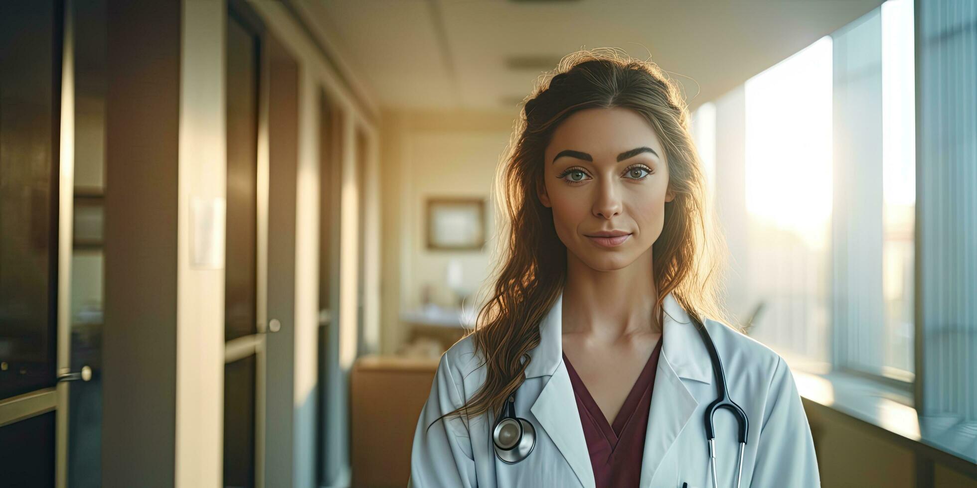 leende kvinna söder amerikan läkare stående i sjukhus, kopia Plats reklam meddelande ,generativ ai. foto