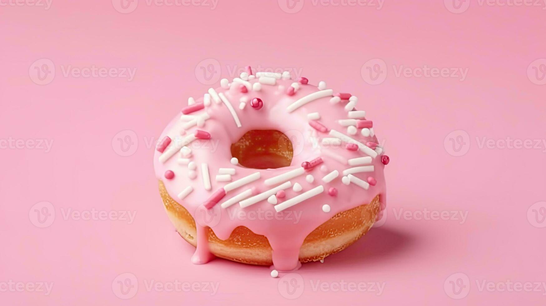 Bitten rosa glasyr munk med marshmallows på rosa bakgrund, ai genererad foto