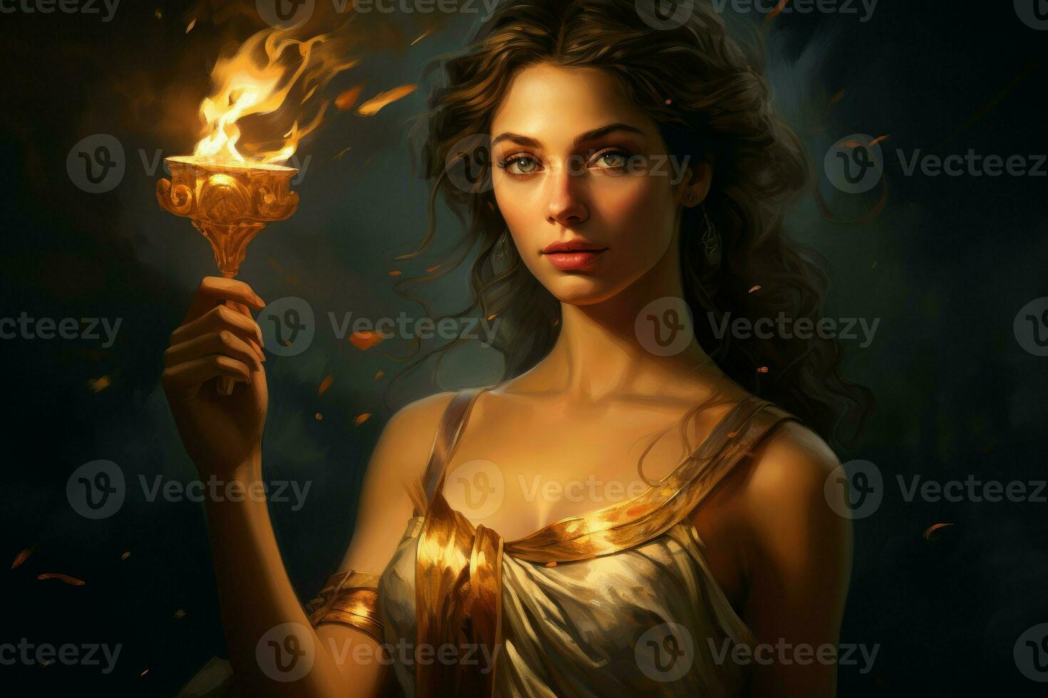 grekisk gudinna med ficklampa i henne hand. generera ai foto