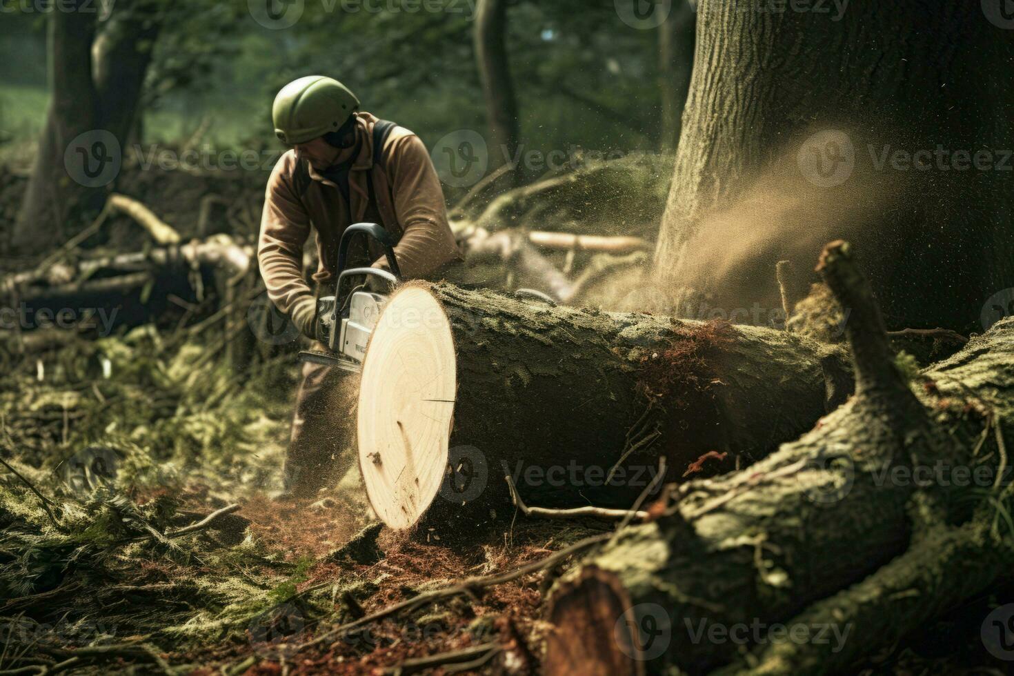 man skärande ner stubbe träd. generera ai foto