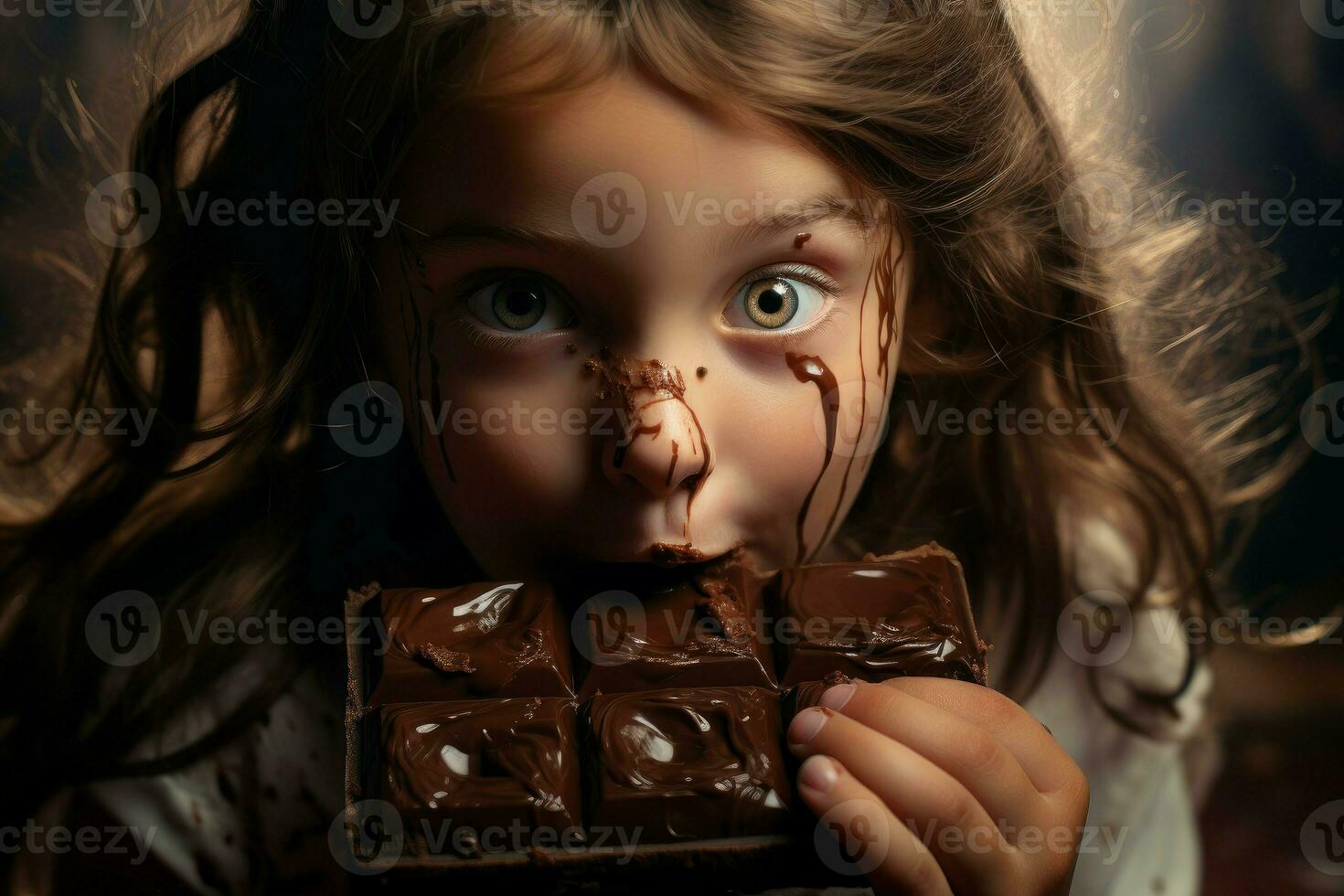liten flicka äter stor choklad bar. generera ai foto