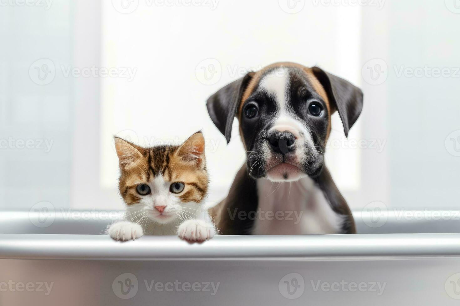 söt bebis kattunge och boxare valp tar en bubbla bad, generativ ai foto